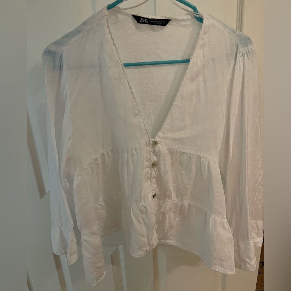 Zara White Linen Peplum Tiered Button Front Top Sz. M